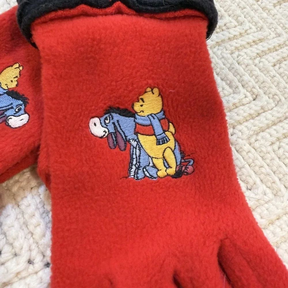 Winnie the Pooh Embroidered Eeyore Fleece Gloves‎ Adult Red Vintage 90s Disney
